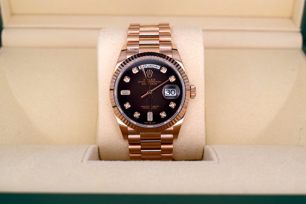 Rolex Day-Date 36 Ref. 128235 Roségold – Chocolate Ziffernblatt mit Diamanten | Full Set 2021