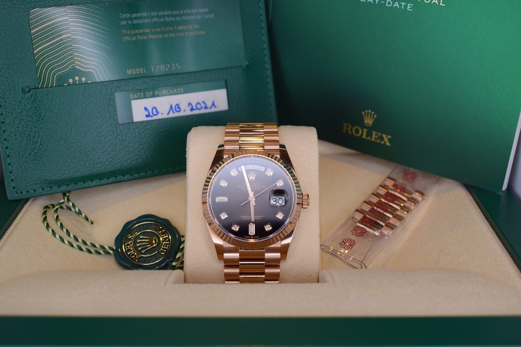 Rolex Day-Date 36 Ref. 128235 Roségold – Chocolate Ziffernblatt mit Diamanten | Full Set 2021