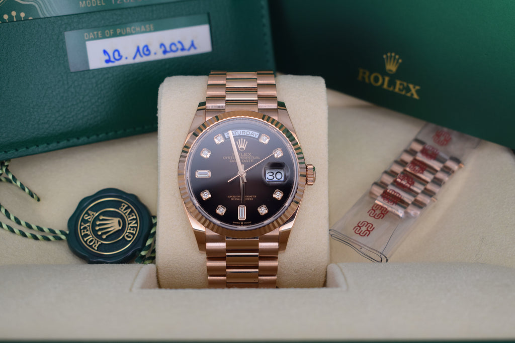 Rolex Day-Date 36 Ref. 128235 Roségold – Chocolate Ziffernblatt mit Diamanten | Full Set 2021