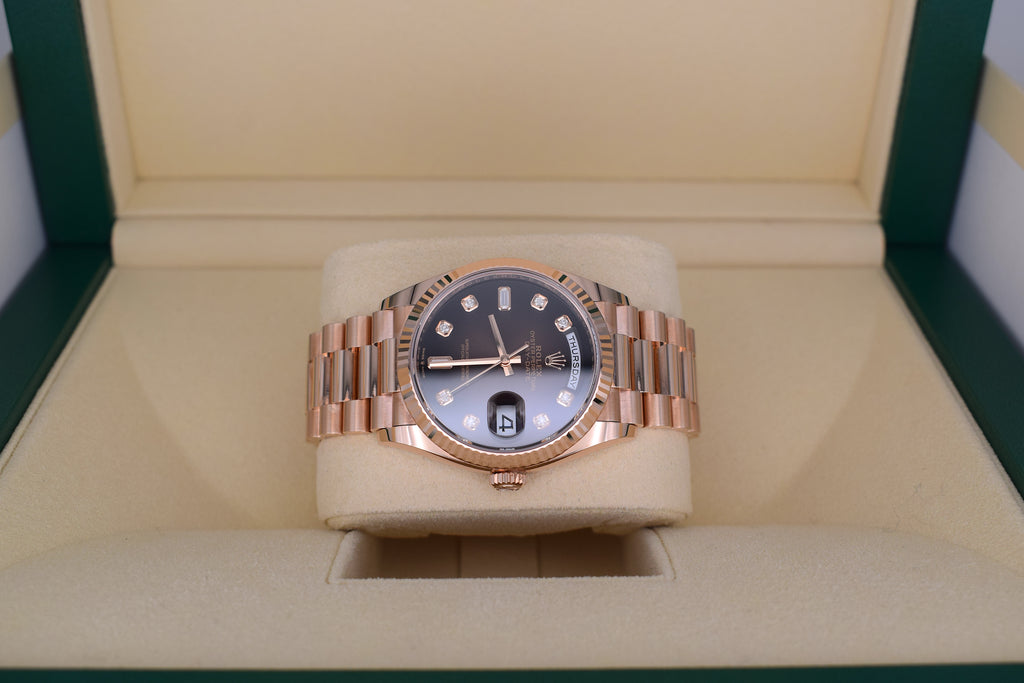 Rolex Day-Date 36 Ref. 128235 Roségold – Chocolate Ziffernblatt mit Diamanten | Full Set 2021